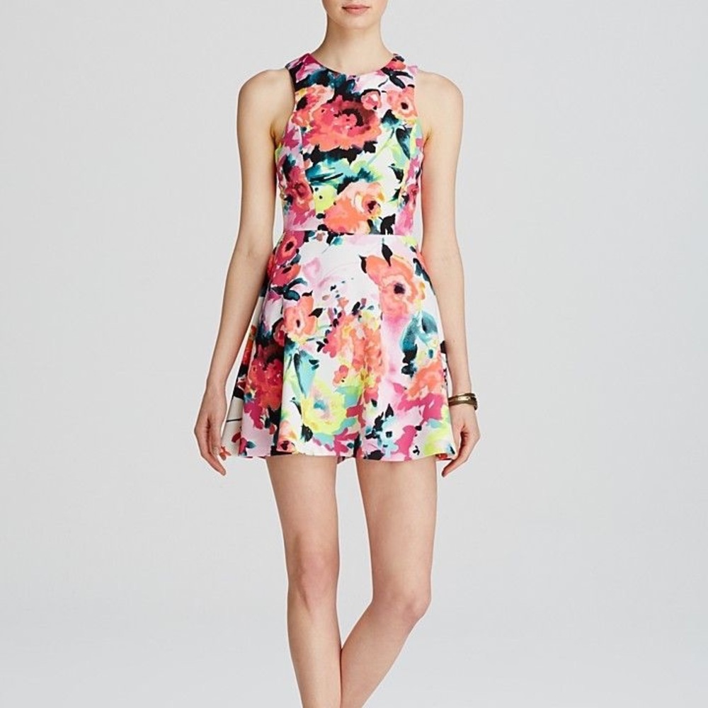 Aqua Floral V-Neck Skater Dress (Scuba material)